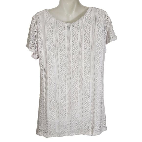 Notations Women’s Top Medium White Lace Overlay Short Sleeve Lined Asymmetrical - Picture 2 of 10